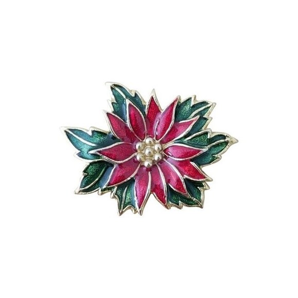 Vintage Gold Tone Poinsettia Christmas Brooch – Red & Green Enamel Holiday Pin - Picture 2 of 4